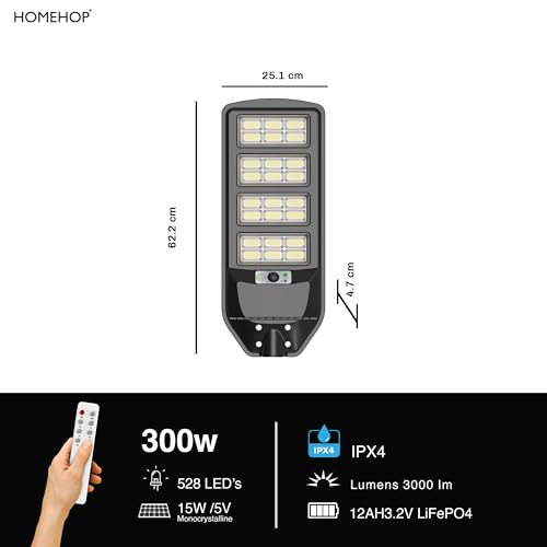 Homehop ABS Solar Street Light Outdoor Waterproof 300 Watt LED Wireless Motion Sensor high Power Lamp for Home, Garden, Wall, Pathway, Dusk to Dawn with Pole (12000Mah/3.2V- Cool Light, Black) - Image 5