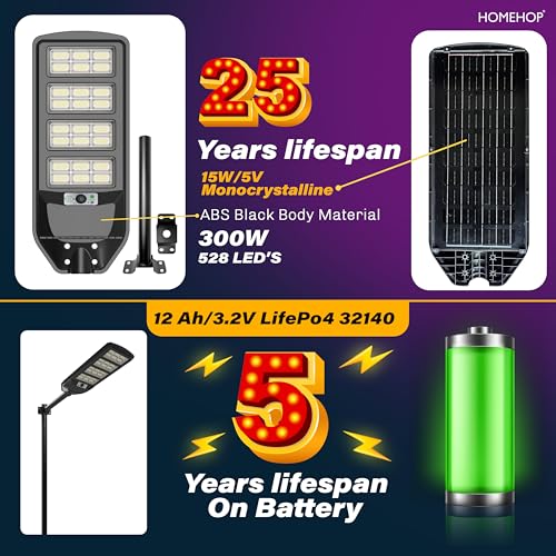Homehop ABS Solar Street Light Outdoor Waterproof 300 Watt LED Wireless Motion Sensor high Power Lamp for Home, Garden, Wall, Pathway, Dusk to Dawn with Pole (12000Mah/3.2V- Cool Light, Black) - Image 2