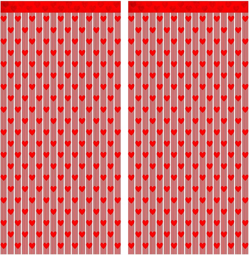 CCINEE 2pcs Heart Foil Fringe Curtain, 3.3x6.6 Ft Red Lace Hearts String Backdrop Curtains for Window Door Bathroom Decorations - Image 1