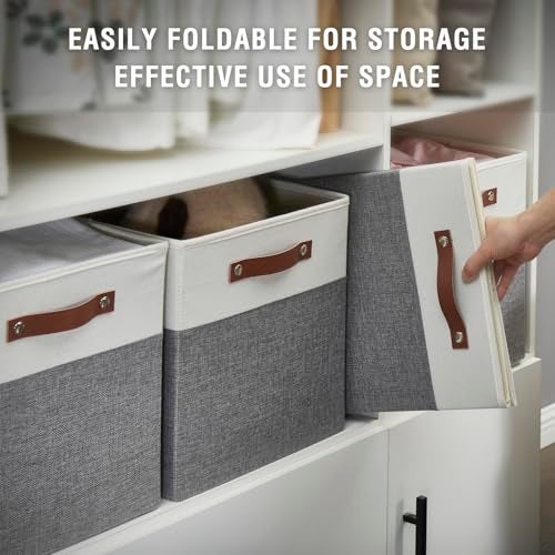Bagnizer Collapsible Fabric Storage Cube Bins with 2 Reinforced PU Handles, Foldable Storage Organizer Baskets for Closet, Shelves, Living Room | 13"x13"x13", 4 Pack, Gray & White - Image 4