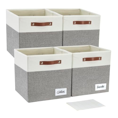Bagnizer Collapsible Fabric Storage Cube Bins with 2 Reinforced PU Handles, Foldable Storage Organizer Baskets for Closet, Shelves, Living Room | 13"x13"x13", 4 Pack, Gray & White - Image 1