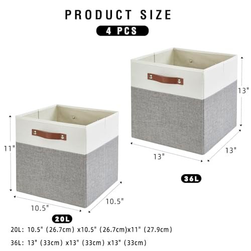 Bagnizer Collapsible Fabric Storage Cube Bins with 2 Reinforced PU Handles, Foldable Storage Organizer Baskets for Closet, Shelves, Living Room | 13"x13"x13", 4 Pack, Gray & White - Image 2