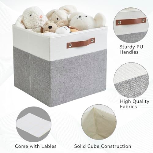 Bagnizer Collapsible Fabric Storage Cube Bins with 2 Reinforced PU Handles, Foldable Storage Organizer Baskets for Closet, Shelves, Living Room | 13"x13"x13", 4 Pack, Gray & White - Image 3
