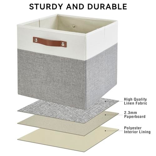 Bagnizer Collapsible Fabric Storage Cube Bins with 2 Reinforced PU Handles, Foldable Storage Organizer Baskets for Closet, Shelves, Living Room | 13"x13"x13", 4 Pack, Gray & White - Image 5