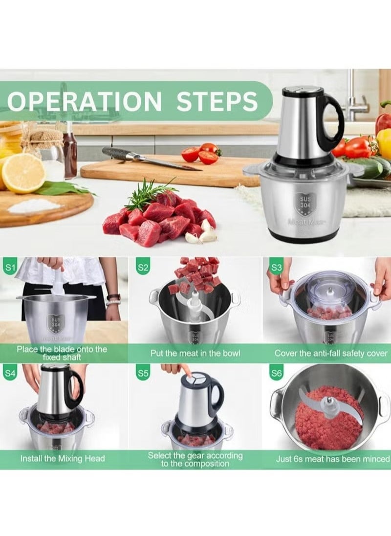 3 Speeds 500W Food Chopper, 3L Multi-Function Stainless Steel Kitchen Food Processor, Household Mincer For Meat, Onion, Vegetables