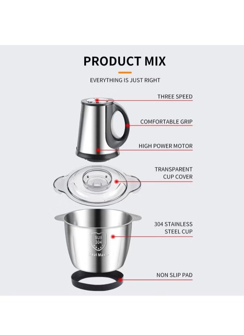 3 Speeds 500W Food Chopper, 3L Multi-Function Stainless Steel Kitchen Food Processor, Household Mincer For Meat, Onion, Vegetables