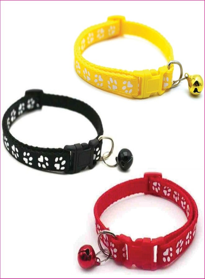 Litvibes Cat Collars Set of 3 with Bell,Kitten & Small Soft Adjustable Collar Safe,Solid Breakaway for Cats & Puppies,Cute Kitty Neckband with Paw Print- (Black,Yellow,Red) - Image 1