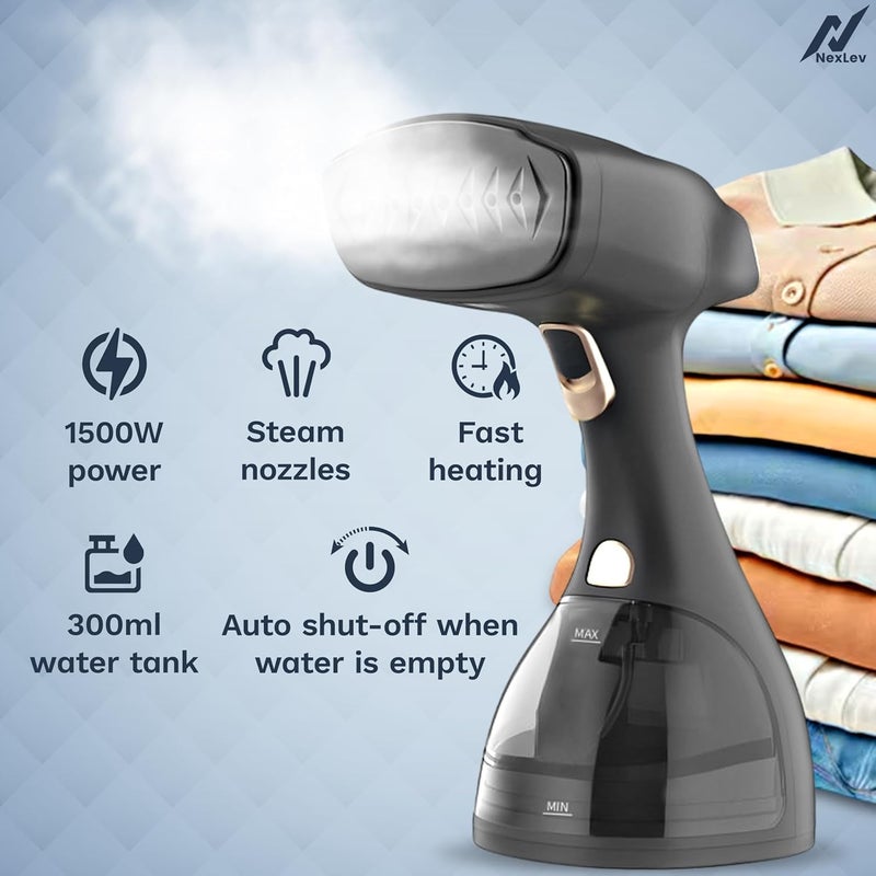 Manual Garment Steamer, Black, 1500W, 300ml Tank, 25s Fast Heating, Horizontal and Vertical Use, with Fabric Brush and Lint Removal Attachment - Image 1