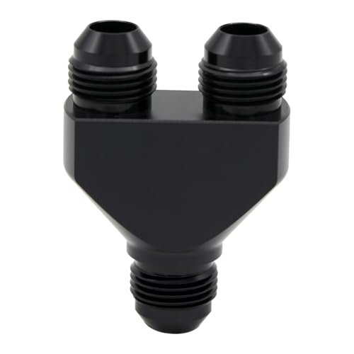 KRD PERFORMANCE Aluminum Y Block Adapter Fittings -8 AN male Swivel to Parallel Exit Dual 2 x -8 AN Male Y Block Splitter Tee Hose Connector, Black - Image 1