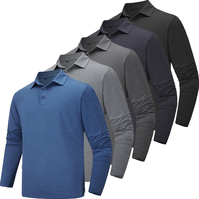 TVKSOM 5 Pack Polo Shirts for Men Long Sleeve Quick Dry Mens Polo Shirts Golf T Shirt Moisture Wicking Casual Workout - Image 1