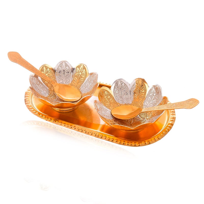 Great Art German Floral Gold and Silver Plated Bowl with Two Spoon and with Single Tray with Beautiful Velvet Box Packing(Gift Items) Pack-1 - Image 4