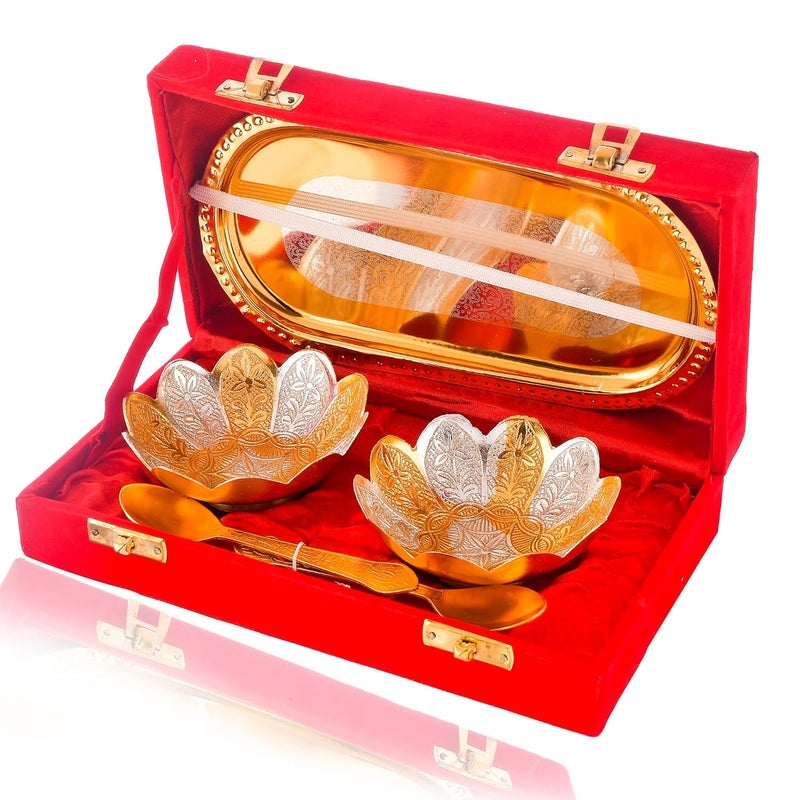 Great Art German Floral Gold and Silver Plated Bowl with Two Spoon and with Single Tray with Beautiful Velvet Box Packing(Gift Items) Pack-1 - Image 3