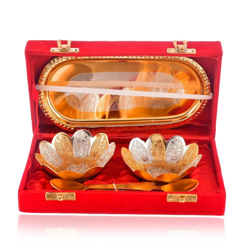 Great Art German Floral Gold and Silver Plated Bowl with Two Spoon and with Single Tray with Beautiful Velvet Box Packing(Gift Items) Pack-1 - Image 2