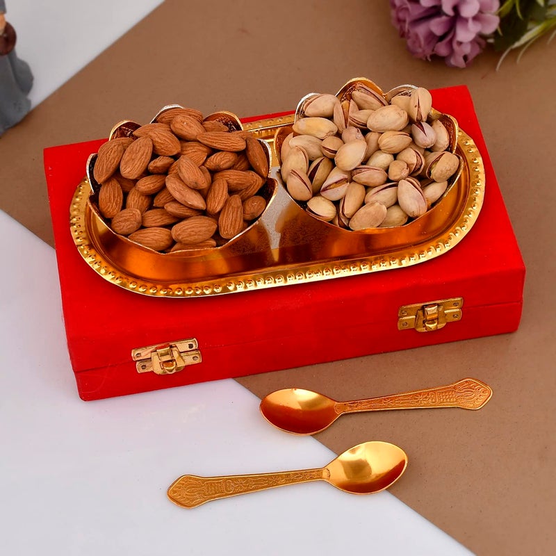 Great Art German Floral Gold and Silver Plated Bowl with Two Spoon and with Single Tray with Beautiful Velvet Box Packing(Gift Items) Pack-1 - Image 1