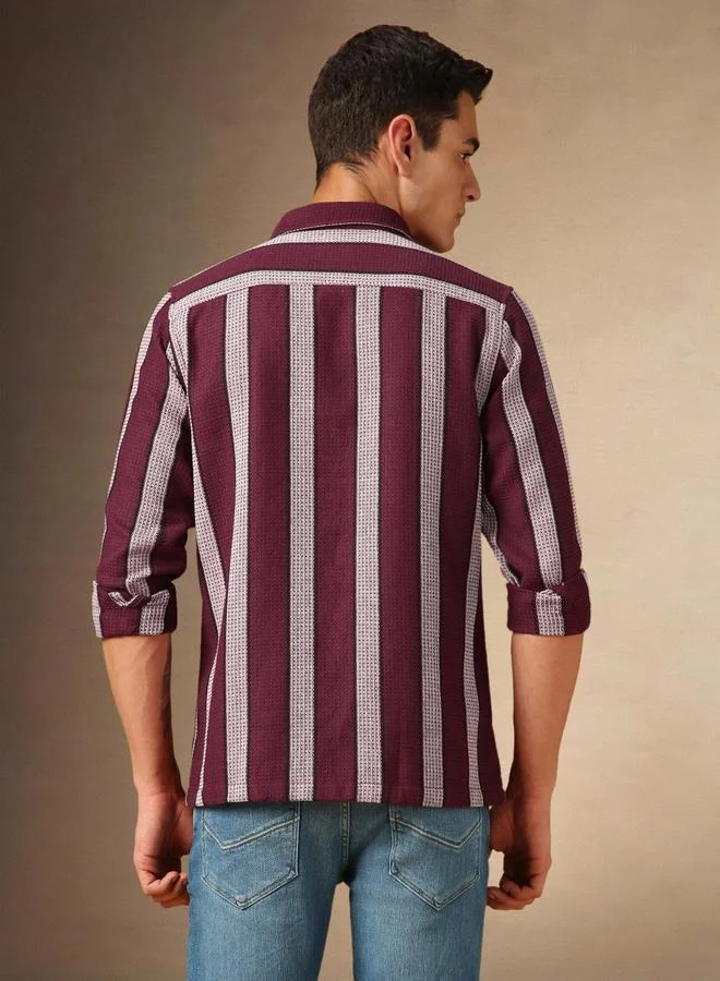 Dennis Lingo Men's Maroon 100% Cotton Striped Button Down Regular FiT-Shirt