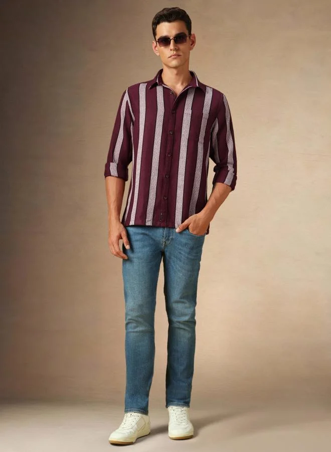 Dennis Lingo Men's Maroon 100% Cotton Striped Button Down Regular FiT-Shirt