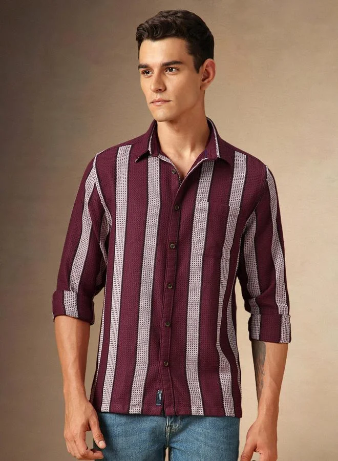 Dennis Lingo Men's Maroon 100% Cotton Striped Button Down Regular FiT-Shirt