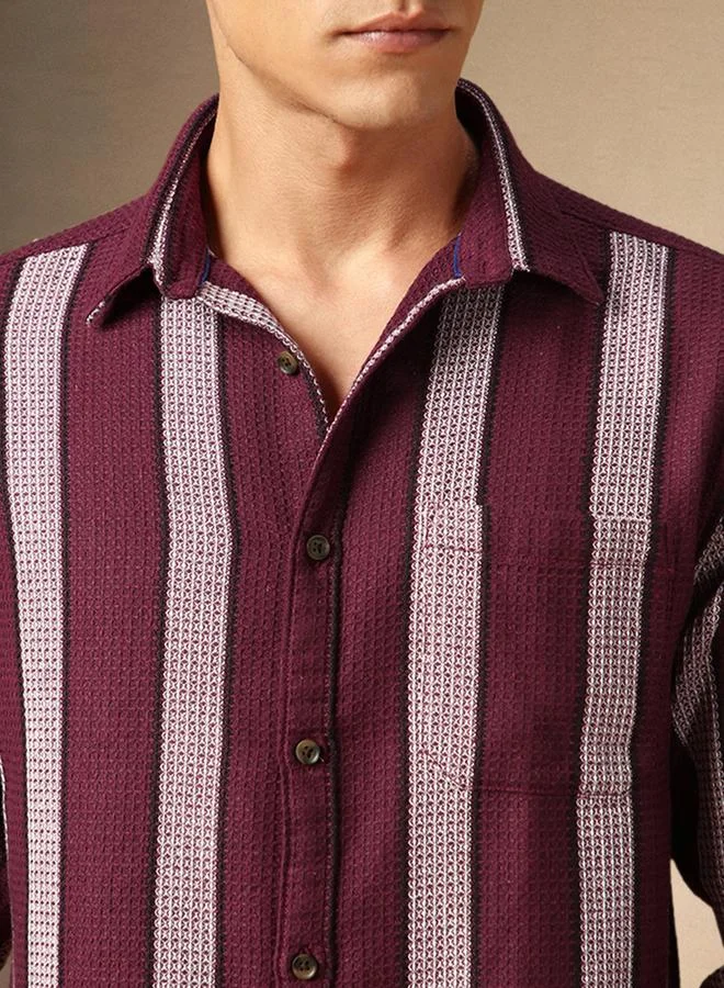 Dennis Lingo Men's Maroon 100% Cotton Striped Button Down Regular FiT-Shirt