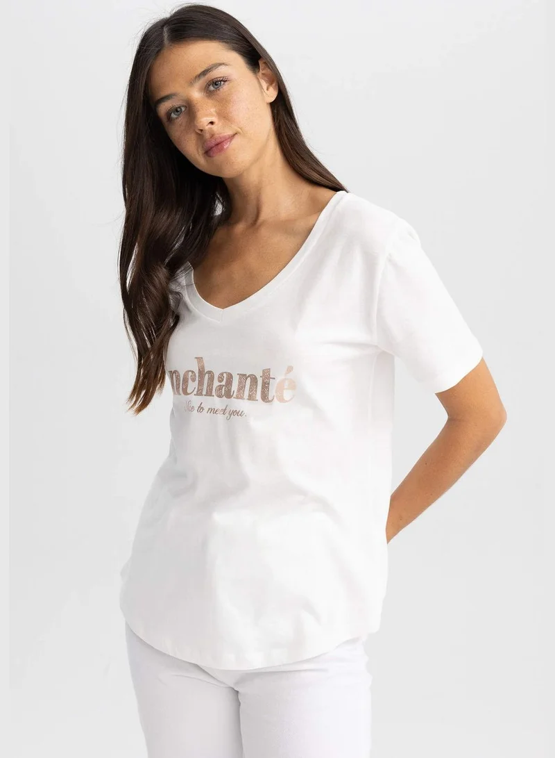 DeFacto Woman V Neck Knitted Short Sleeve T-Shirt