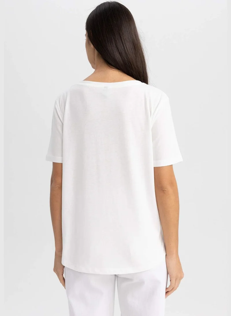 DeFacto Woman V Neck Knitted Short Sleeve T-Shirt
