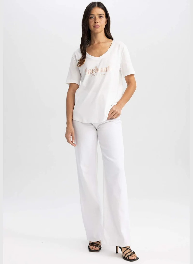 DeFacto Woman V Neck Knitted Short Sleeve T-Shirt
