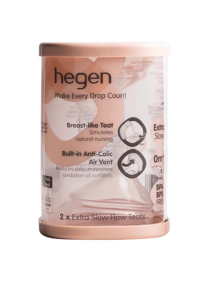 hegen Baby Bottle Teat, Extra Slow Flow- Breast-Like for a Natural Latch & Anti-Colic Design with Asymmetrical Teat for upright feeding, Soft Silicone, Pack of 2, 0+ Months