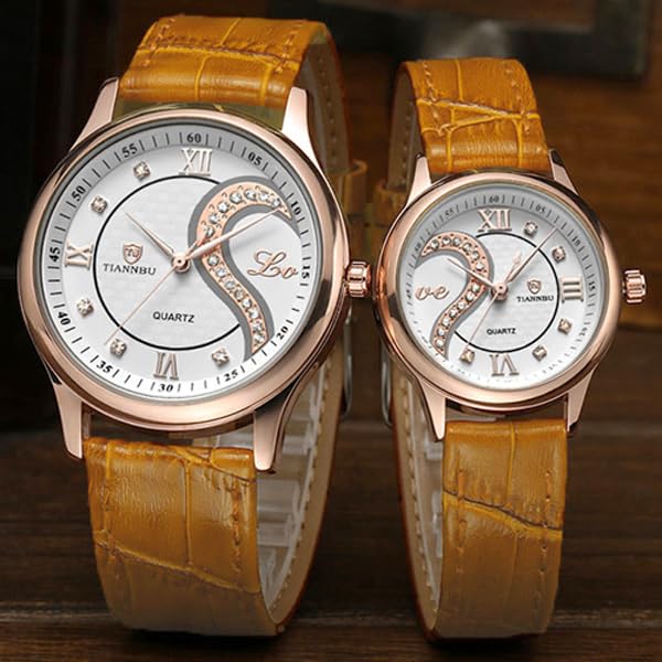 DREAMING Q&P Ultrathin Leather His and Hers Wristwatches (Brown Gold Case) - Image 4