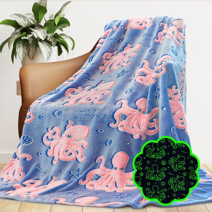 OCTOPUS BLANKET GLOW IN THE DARK OCEAN BLANKET SOFT PINK OCTOPUS GIFTS TOYS DECOR BLUE FLEECE KIDS THROW FOR BOYS GIRLS TEENS BIRTHDAY