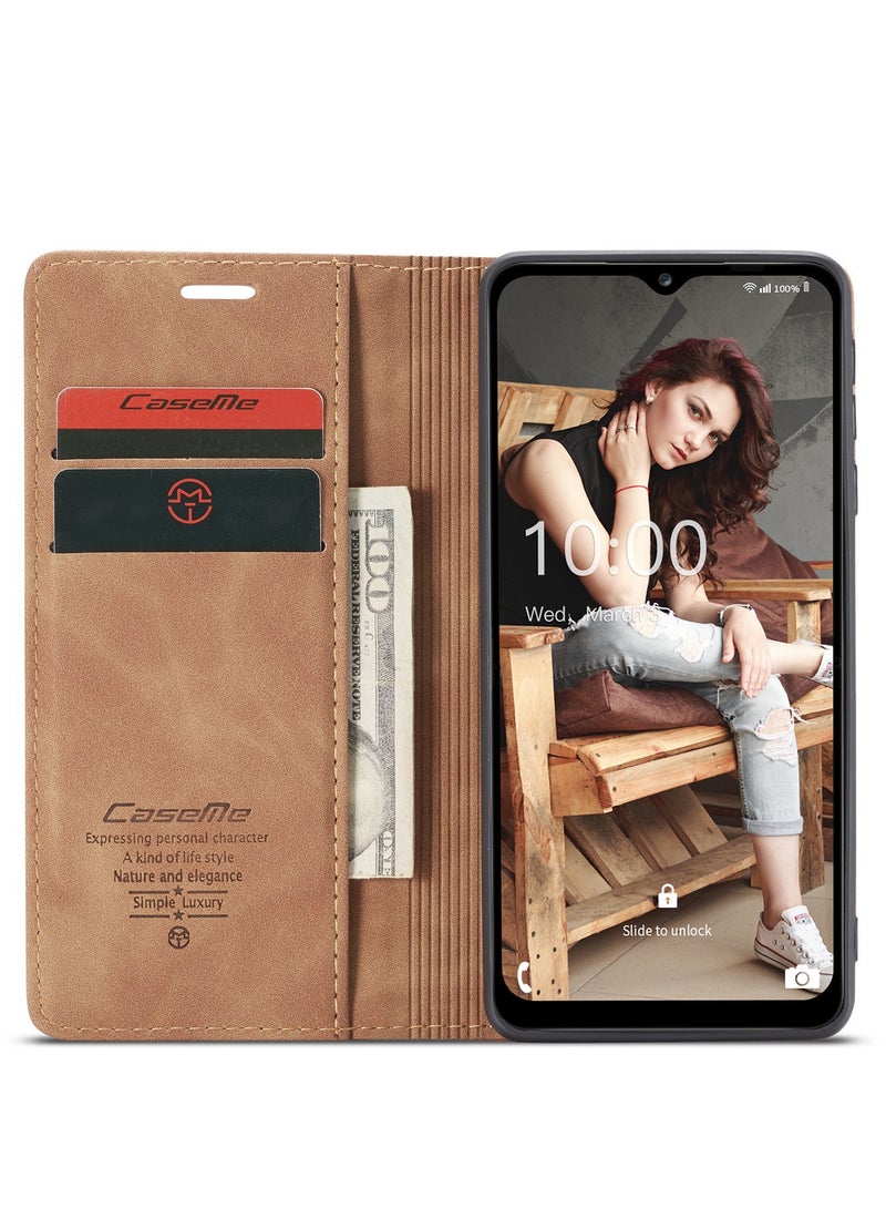CaseMe Samsung Galaxy A12 4G/5G/M12 Case Wallet Case Book Folding Flip Folio Case with Magnetic Kickstand Card Slots Protective Cover - Brown - Image 3