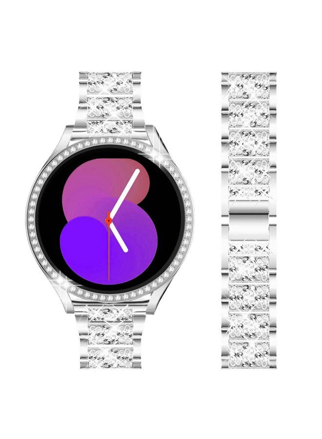 DEALELE أساور متوافقة مع ساعة سامسونج جالكسي ووتش 5/4 44 مم، حزام معدني رفيع مزين بالأحجار الكريمة مع غلاف واقي بديل للنساء والرجال (44 مم، فضي) - Image 1