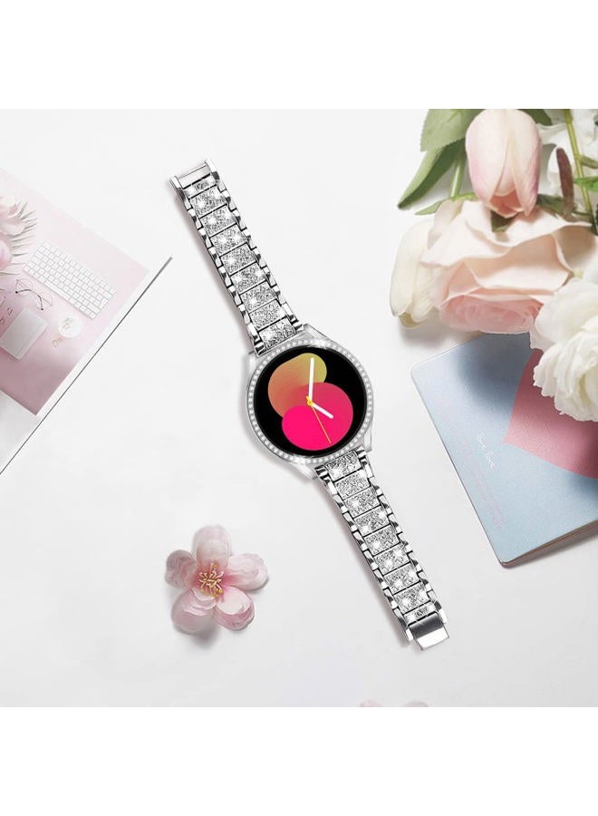 DEALELE أساور متوافقة مع ساعة سامسونج جالكسي ووتش 5/4 44 مم، حزام معدني رفيع مزين بالأحجار الكريمة مع غلاف واقي بديل للنساء والرجال (44 مم، فضي) - Image 4