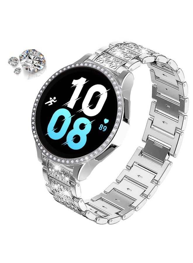 DEALELE أساور متوافقة مع ساعة سامسونج جالكسي ووتش 5/4 44 مم، حزام معدني رفيع مزين بالأحجار الكريمة مع غلاف واقي بديل للنساء والرجال (44 مم، فضي) - Image 2