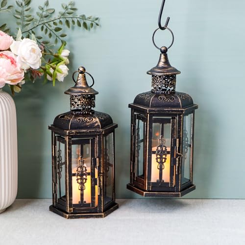 JHY DESIGN Decorative Candle Lanterns Set of 2 10" H Vintage Hanging Lanterns Metal Candleholders for Indoor Outdoor Home Parities and Weddings (Black with Gold Brush) - Image 3