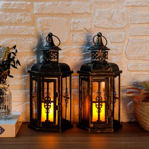 JHY DESIGN Decorative Candle Lanterns Set of 2 10" H Vintage Hanging Lanterns Metal Candleholders for Indoor Outdoor Home Parities and Weddings (Black with Gold Brush) - Image 5