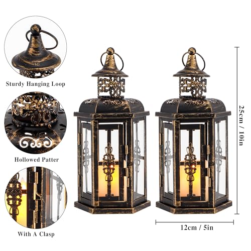 JHY DESIGN Decorative Candle Lanterns Set of 2 10" H Vintage Hanging Lanterns Metal Candleholders for Indoor Outdoor Home Parities and Weddings (Black with Gold Brush) - Image 2