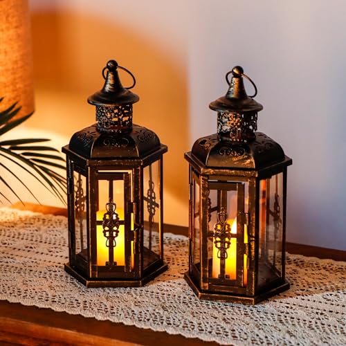 JHY DESIGN Decorative Candle Lanterns Set of 2 10" H Vintage Hanging Lanterns Metal Candleholders for Indoor Outdoor Home Parities and Weddings (Black with Gold Brush) - Image 1