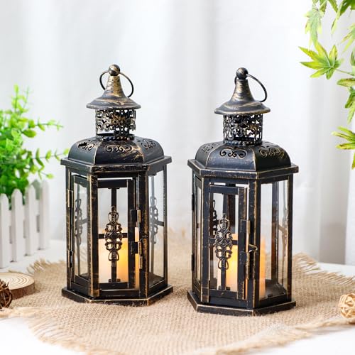 JHY DESIGN Decorative Candle Lanterns Set of 2 10" H Vintage Hanging Lanterns Metal Candleholders for Indoor Outdoor Home Parities and Weddings (Black with Gold Brush) - Image 4
