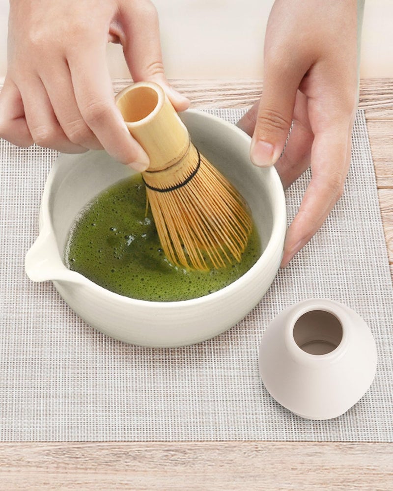 Joiish Matcha Bowl and Whisk Holder Set  Ceramic Tea Bowl and Whisk Stand  Matcha Tea Mixing Bowl with Spout (18 Ounce)  Whisk Rest  Ivory White - Image 2