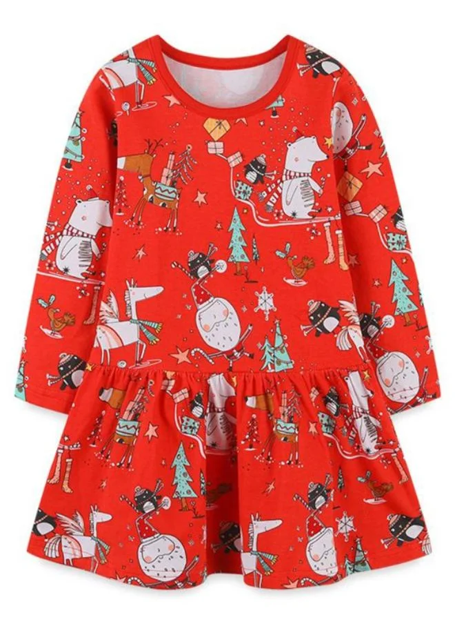 YUNIQEE Red A-Line Crew Neck Printed Dress