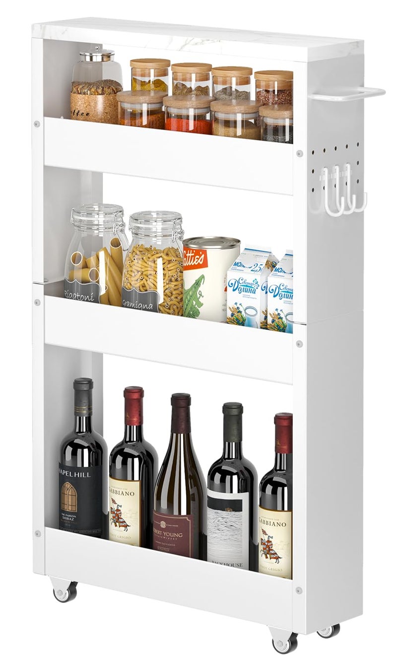 CHLORYARD Slim Storage Cart 4Tier Kitchen Rolling Cart Narrow Storage Cabinet with Handle  Wheels Metal Rolling Shelf Unit for Kitchen Bathroom Laundry Small Places5 in WidthWhite