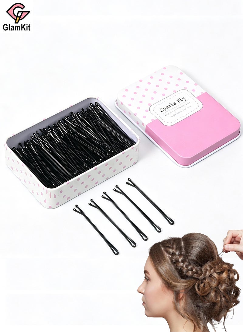 GlamKit 100-Piece Long Hair Bobby Pins with Case Box, Black Jumbo Hair Pins for Buns, 5.5cm Premium Bulk Hairclip for Girls Women Wedding Party, Great for All Hair Types - Image 1