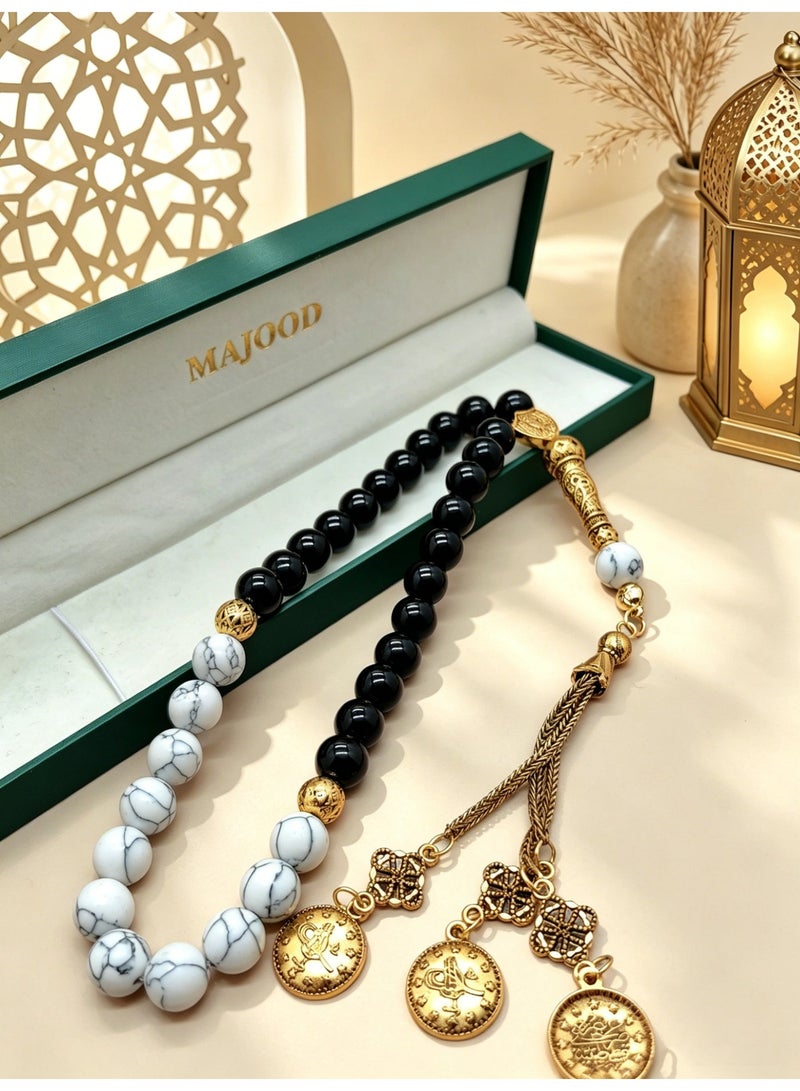 MAJOOD 33-Bead White Turquoise & Black Agate Prayer Beads Tasbih, 10mm Handmade Muslim Prayer Beads, Ramadan Gift for Men & Women - Image 4