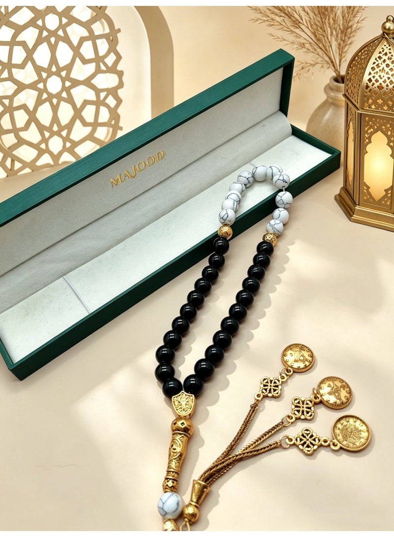 MAJOOD 33-Bead White Turquoise & Black Agate Prayer Beads Tasbih, 10mm Handmade Muslim Prayer Beads, Ramadan Gift for Men & Women - Image 3