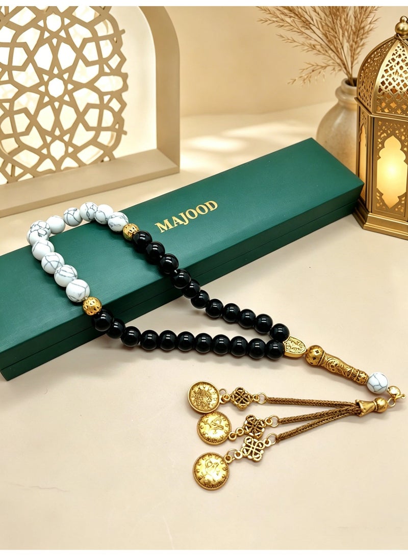 MAJOOD 33-Bead White Turquoise & Black Agate Prayer Beads Tasbih, 10mm Handmade Muslim Prayer Beads, Ramadan Gift for Men & Women - Image 2