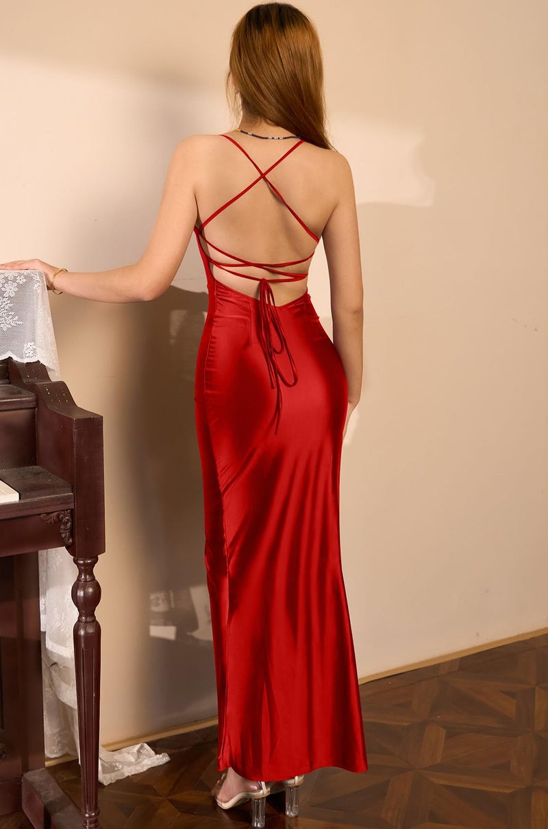 Memoriesea Women's Sexy Spaghetti Strap Bodycon Cowl Neck Party Cocktail Maxi Dress Red - Image 5