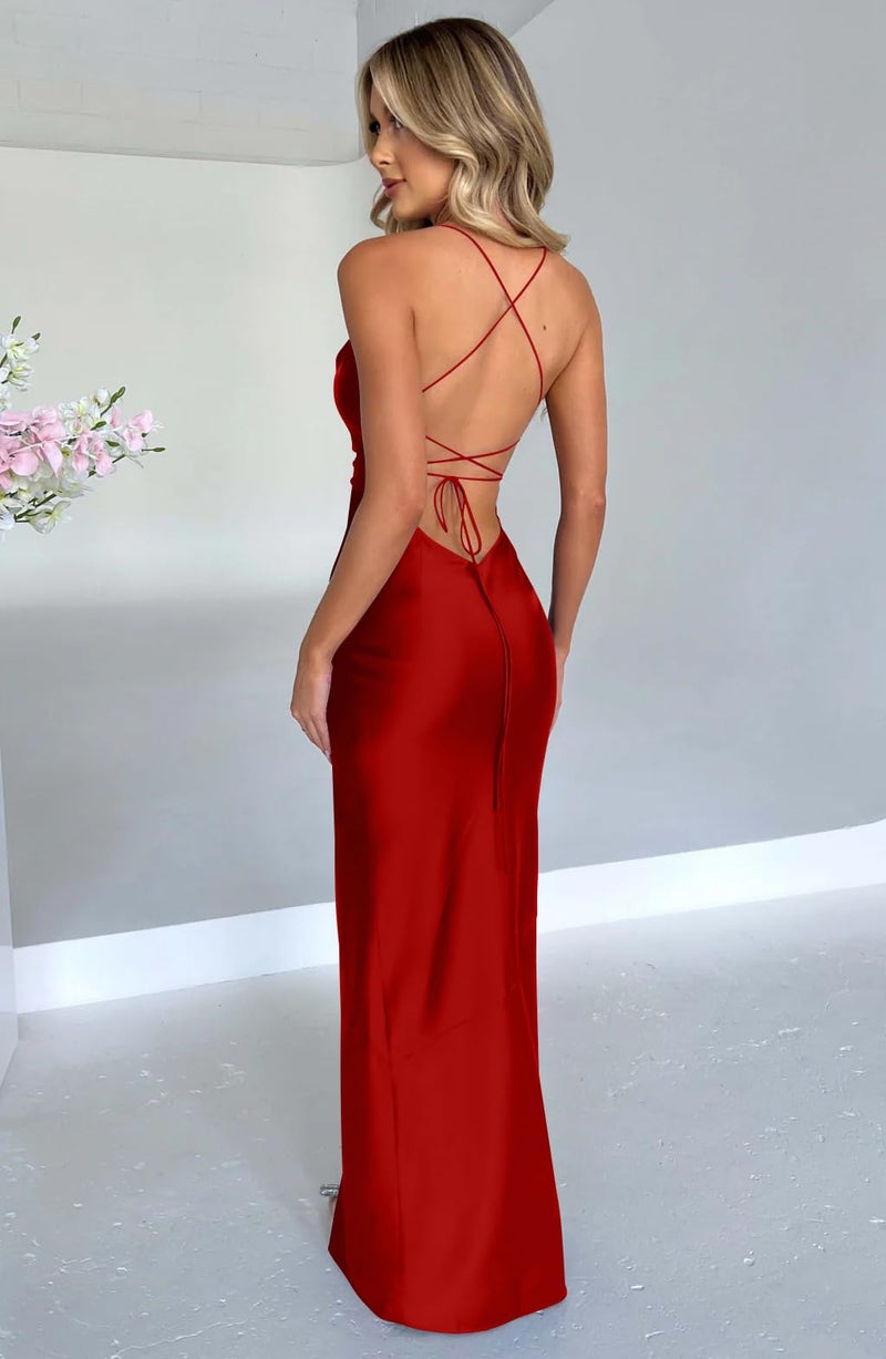 Memoriesea Women's Sexy Spaghetti Strap Bodycon Cowl Neck Party Cocktail Maxi Dress Red - Image 4