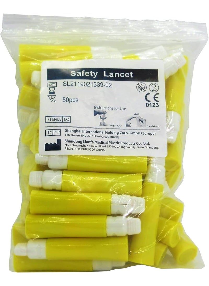 One Step One Step 21g Safety Blood Lancets, 50 Count, 21 Gauge 2.2mm Depth Yellow, Single-Use, Gentle Pressure Activated Comfortable Finger Lancing Needle 