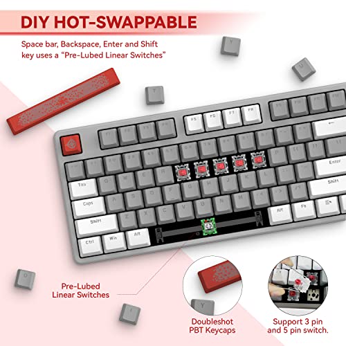 Magic-Refiner AK873 Gaming Keyboard,Rainbow Led Backlit,Hot-Swappable Linear Red Switch,PBT Keycap,75% TKL Layout,Ergonomic Mechanical Keyboard with Custom Coiled USB/Type-C Aviation Cable(White Grey) - Image 2