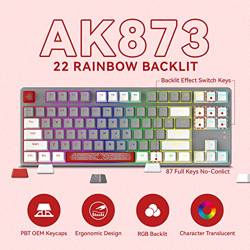 Magic-Refiner AK873 Gaming Keyboard,Rainbow Led Backlit,Hot-Swappable Linear Red Switch,PBT Keycap,75% TKL Layout,Ergonomic Mechanical Keyboard with Custom Coiled USB/Type-C Aviation Cable(White Grey) - Image 5