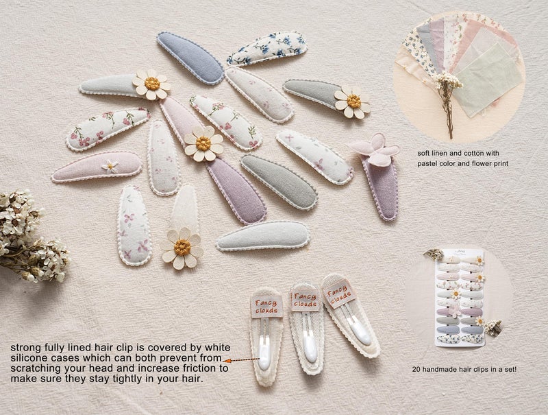 Fancy Clouds 20 Pack Baby Hair Clips for Girls Toddler,Neutral Fabric Snap Clips Pins With Embroidery Daisy Flower Butterfly,Handmade Hair Accessories Barrettes for School Age Kids Children Gifts - Image 2